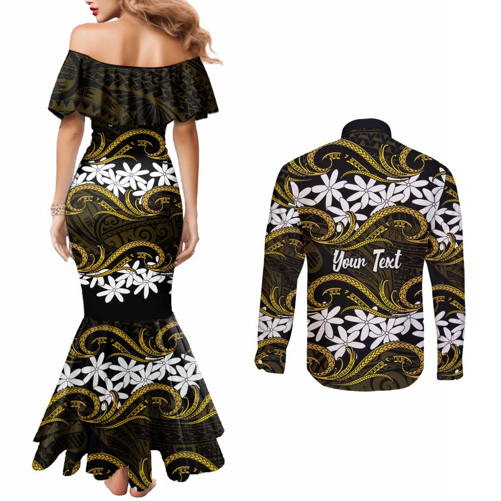 Personalised Cook Islands Manihiki Couples Matching Mermaid Dress and Long Sleeve Button Shirt Tiare Maori Polynesian Waves Tattoo LT14 - Polynesian Pride