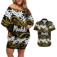 Personalised Cook Islands Manihiki Couples Matching Off Shoulder Short Dress and Hawaiian Shirt Tiare Maori Polynesian Waves Tattoo