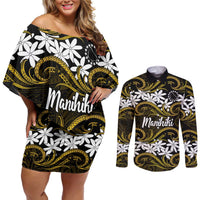 Personalised Cook Islands Manihiki Couples Matching Off Shoulder Short Dress and Long Sleeve Button Shirt Tiare Maori Polynesian Waves Tattoo