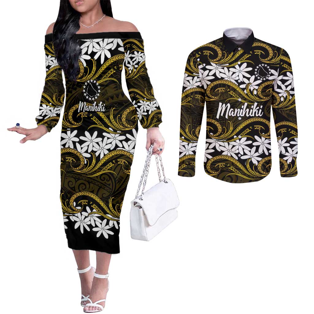 Personalised Cook Islands Manihiki Couples Matching Off The Shoulder Long Sleeve Dress and Long Sleeve Button Shirt Tiare Maori Polynesian Waves Tattoo