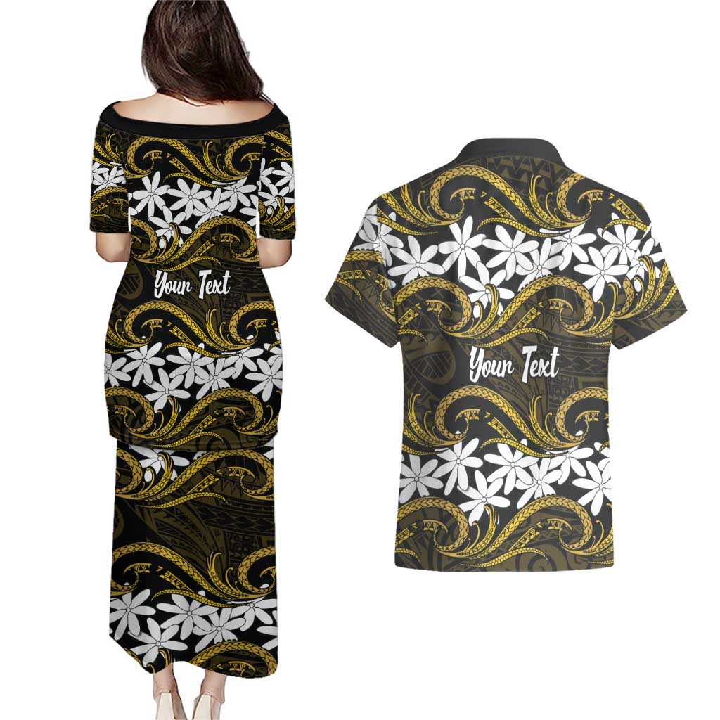 Personalised Cook Islands Manihiki Couples Matching Puletasi and Hawaiian Shirt Tiare Maori Polynesian Waves Tattoo