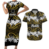 Personalised Cook Islands Manihiki Couples Matching Short Sleeve Bodycon Dress and Hawaiian Shirt Tiare Maori Polynesian Waves Tattoo LT14 Gold - Polynesian Pride