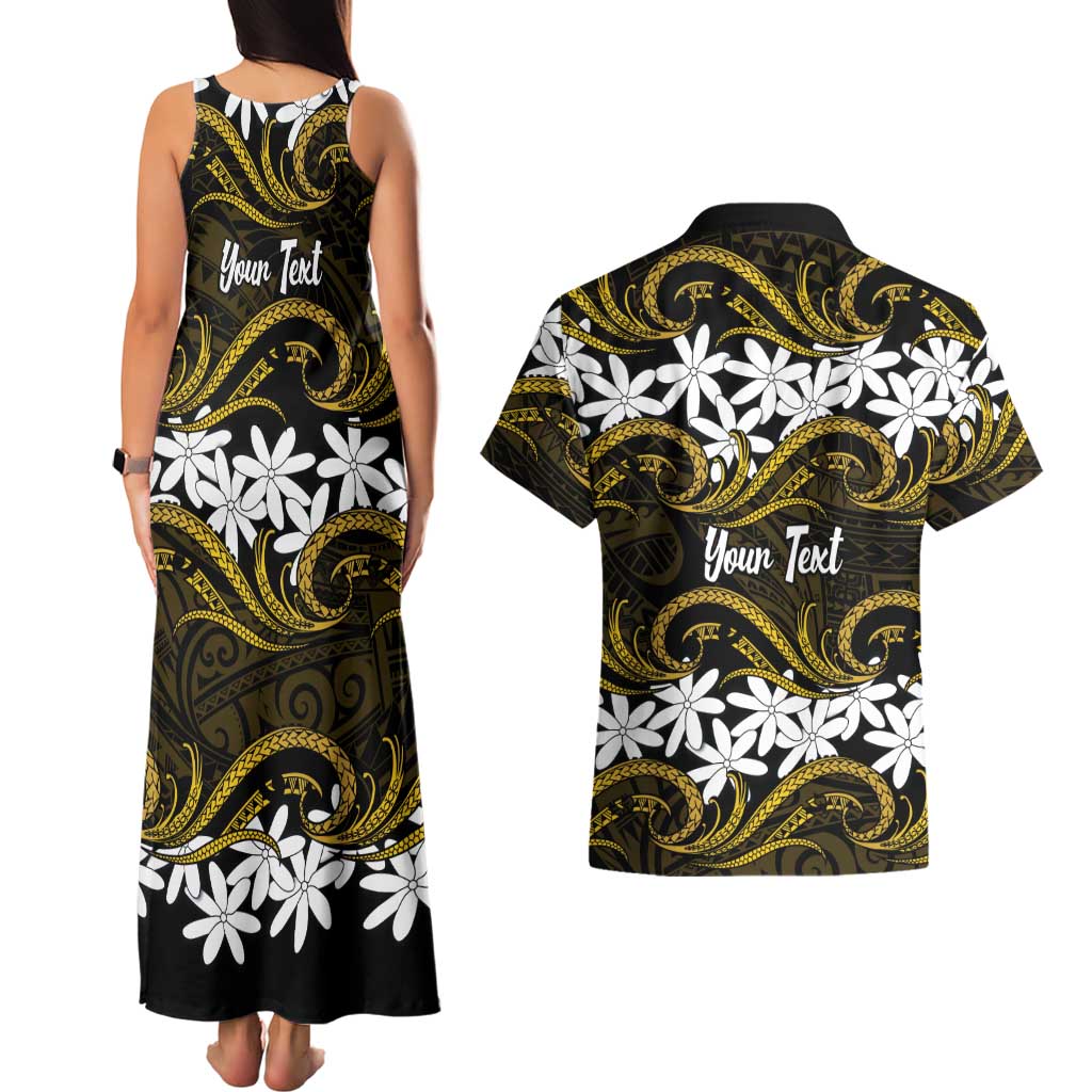 Personalised Cook Islands Manihiki Couples Matching Tank Maxi Dress and Hawaiian Shirt Tiare Maori Polynesian Waves Tattoo
