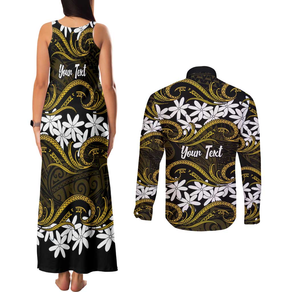 Personalised Cook Islands Manihiki Couples Matching Tank Maxi Dress and Long Sleeve Button Shirt Tiare Maori Polynesian Waves Tattoo