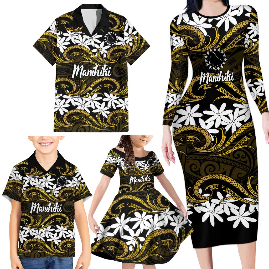 Personalised Cook Islands Manihiki Family Matching Long Sleeve Bodycon Dress and Hawaiian Shirt Tiare Maori Polynesian Waves Tattoo LT14 - Polynesian Pride