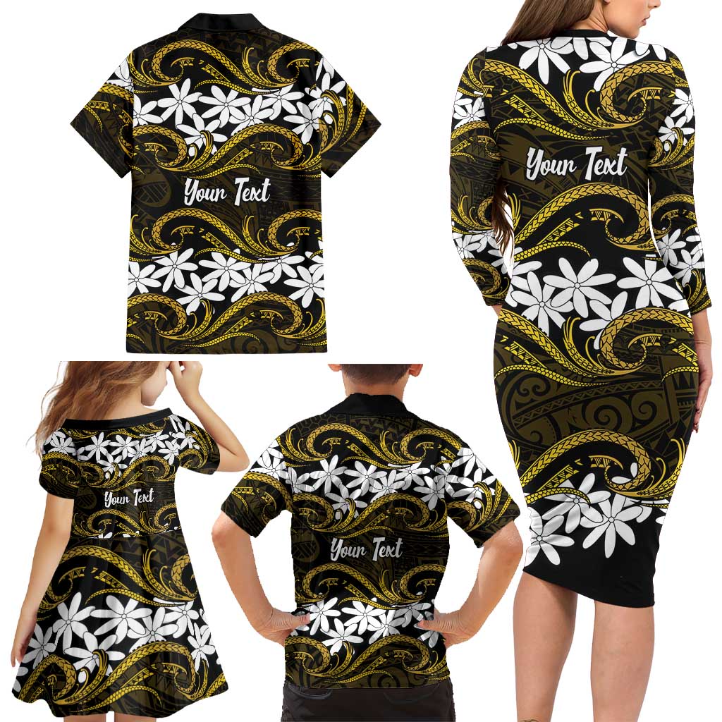 Personalised Cook Islands Manihiki Family Matching Long Sleeve Bodycon Dress and Hawaiian Shirt Tiare Maori Polynesian Waves Tattoo LT14 - Polynesian Pride