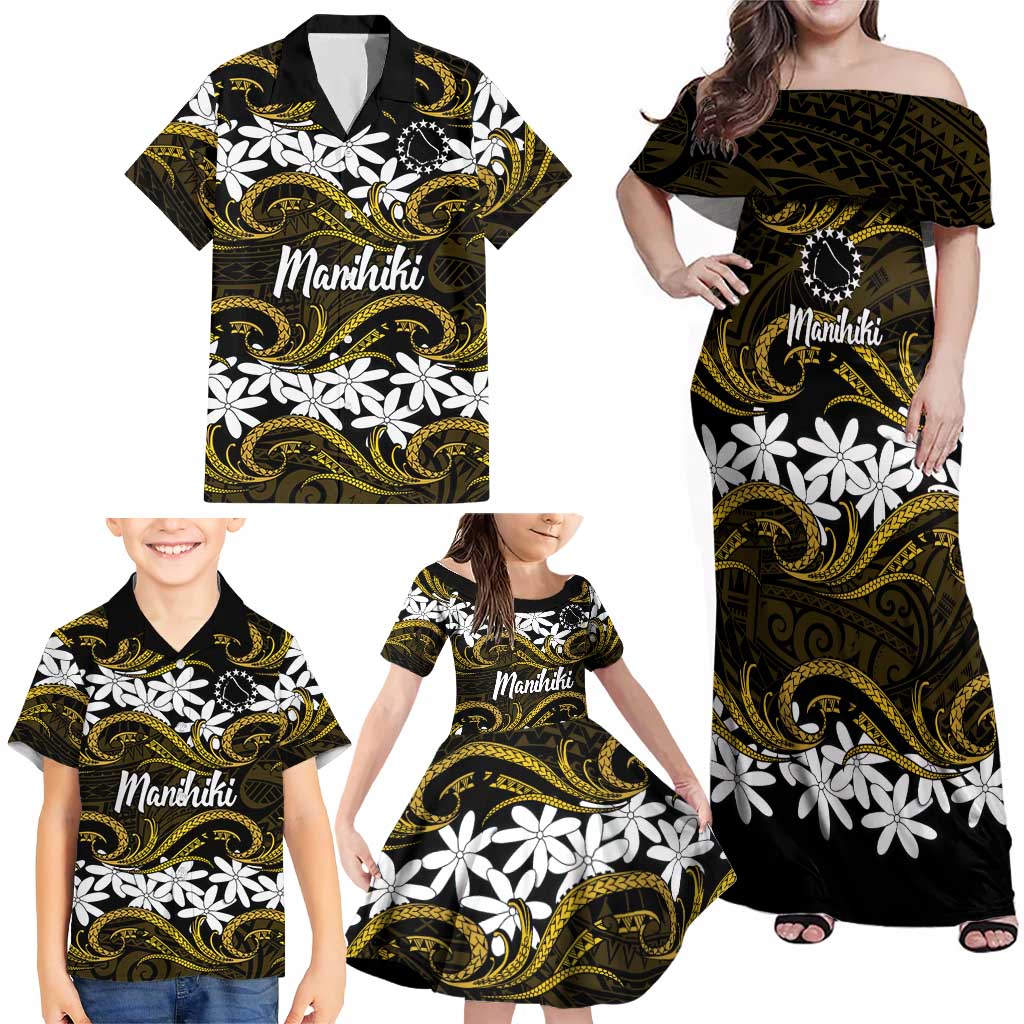 Personalised Cook Islands Manihiki Family Matching Off Shoulder Maxi Dress and Hawaiian Shirt Tiare Maori Polynesian Waves Tattoo LT14 - Polynesian Pride