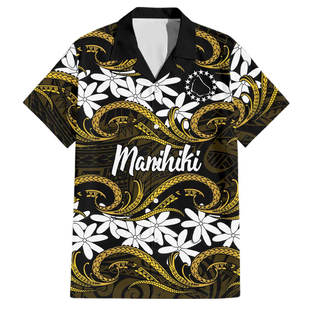 Personalised Cook Islands Manihiki Family Matching Off Shoulder Maxi Dress and Hawaiian Shirt Tiare Maori Polynesian Waves Tattoo LT14 Dad's Shirt - Short Sleeve Gold - Polynesian Pride