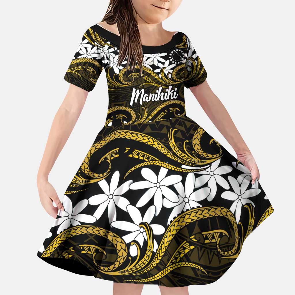 Personalised Cook Islands Manihiki Family Matching Off Shoulder Short Dress and Hawaiian Shirt Tiare Maori Polynesian Waves Tattoo LT14 Daughter's Dress Gold - Polynesian Pride