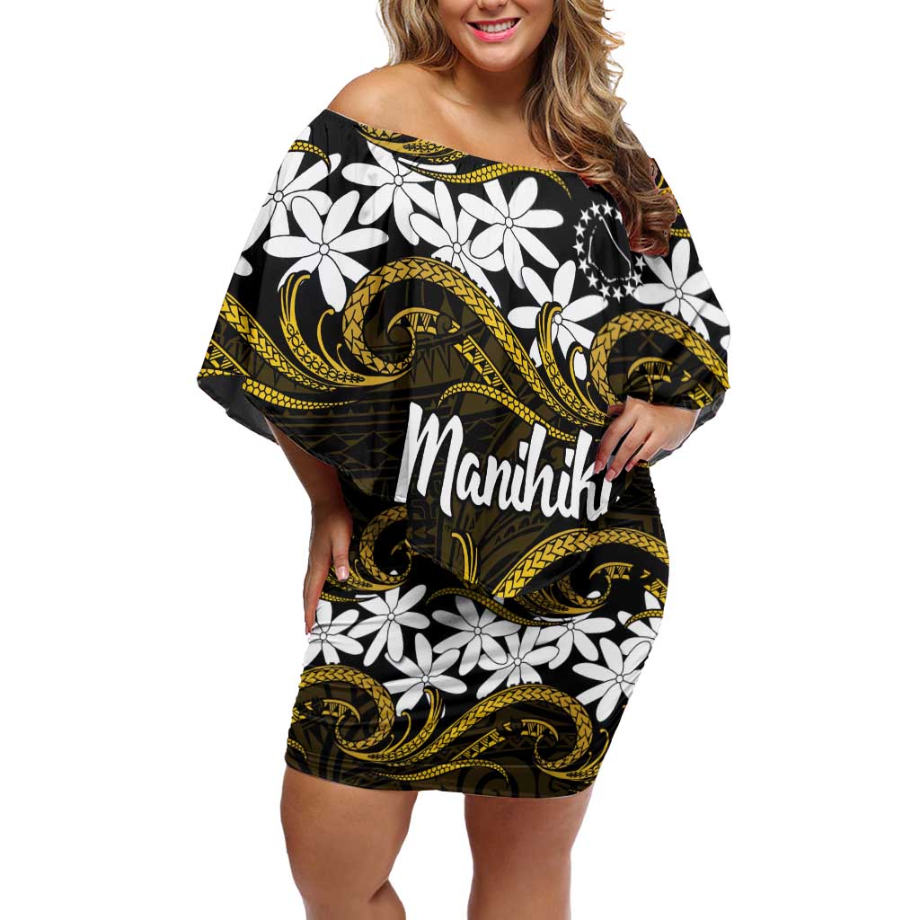 Personalised Cook Islands Manihiki Family Matching Off Shoulder Short Dress and Hawaiian Shirt Tiare Maori Polynesian Waves Tattoo LT14 Mom's Dress Gold - Polynesian Pride
