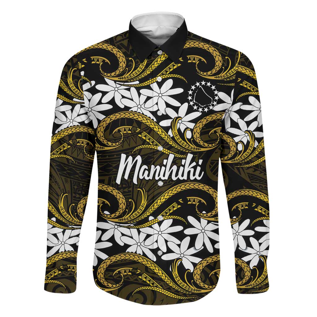 Personalised Cook Islands Manihiki Family Matching Summer Maxi Dress and Hawaiian Shirt Tiare Maori Polynesian Waves Tattoo LT14 Dad's Shirt - Long Sleeve Gold - Polynesian Pride