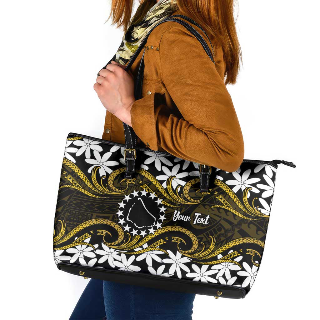 Personalised Cook Islands Manihiki Leather Tote Bag Tiare Maori Polynesian Waves Tattoo