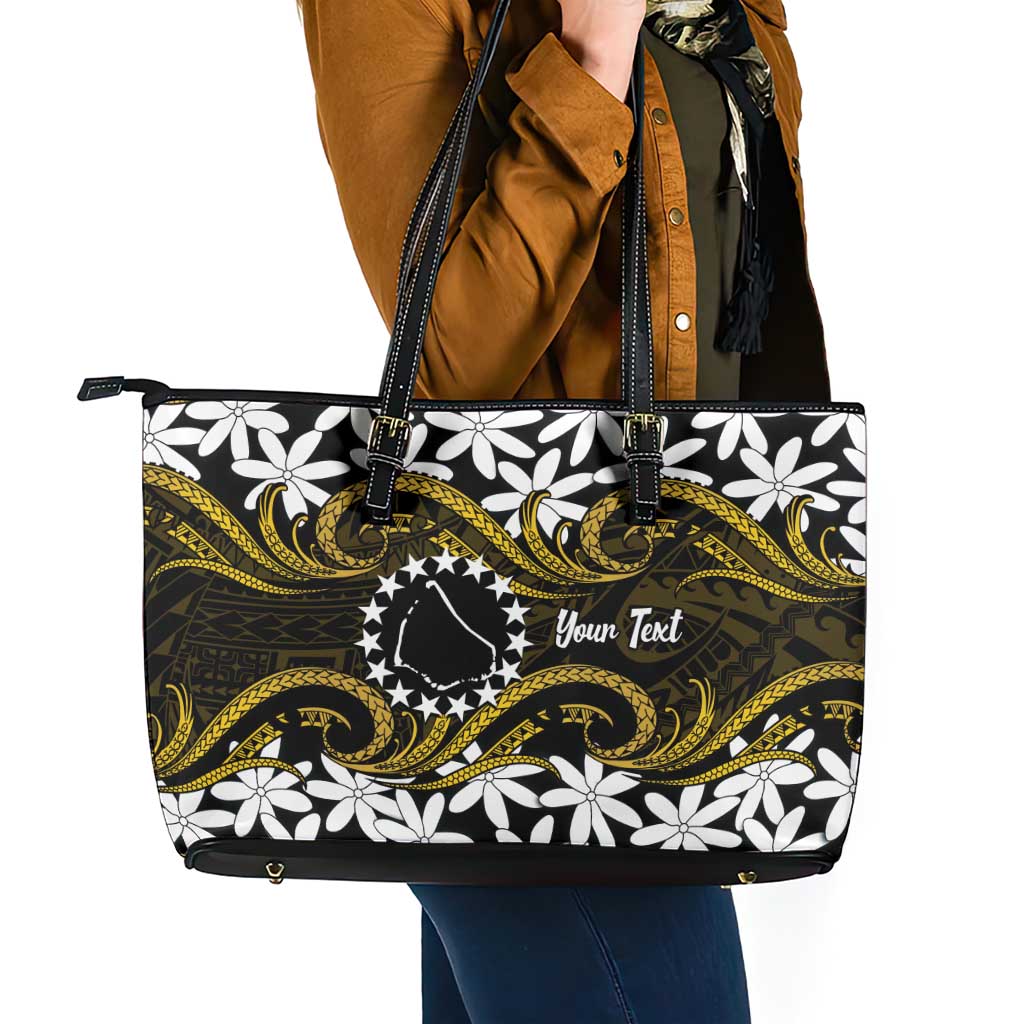 Personalised Cook Islands Manihiki Leather Tote Bag Tiare Maori Polynesian Waves Tattoo