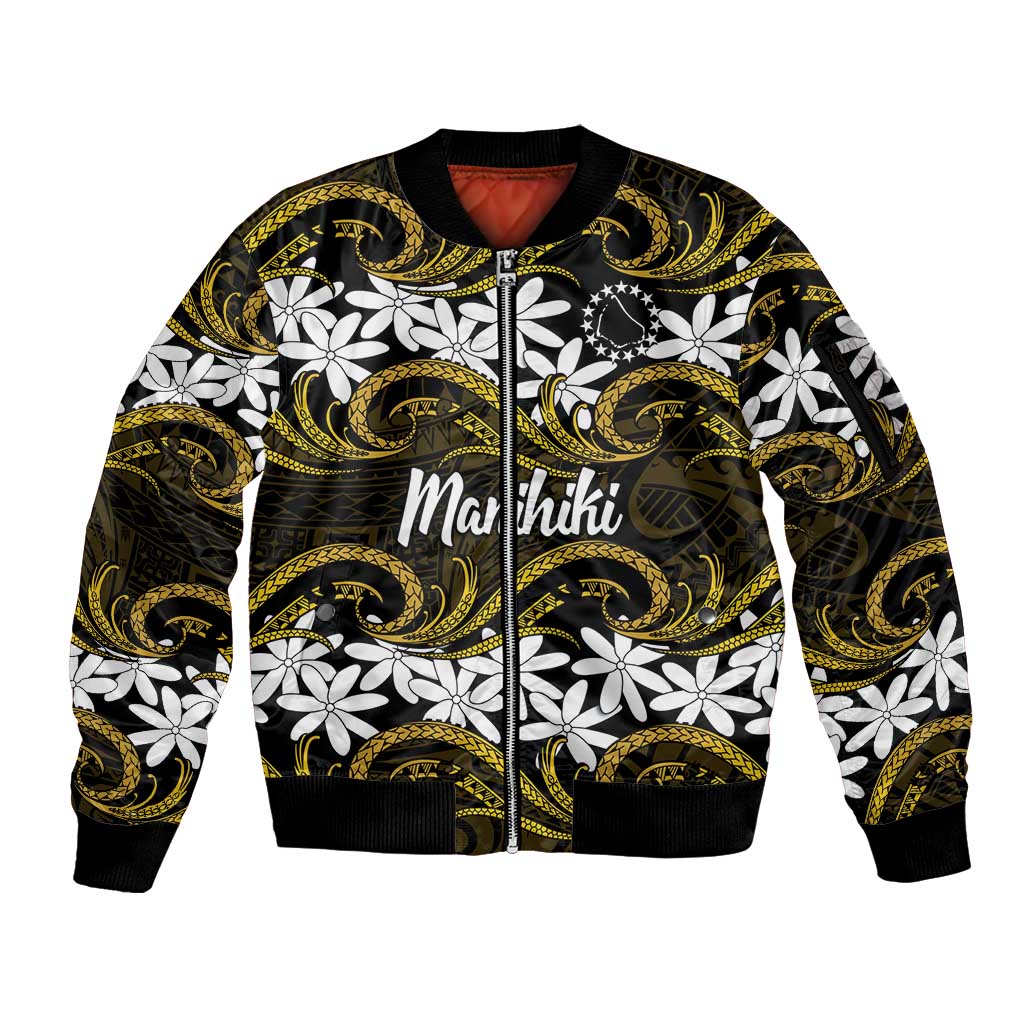 Personalised Cook Islands Manihiki Sleeve Zip Bomber Jacket Tiare Maori Polynesian Waves Tattoo