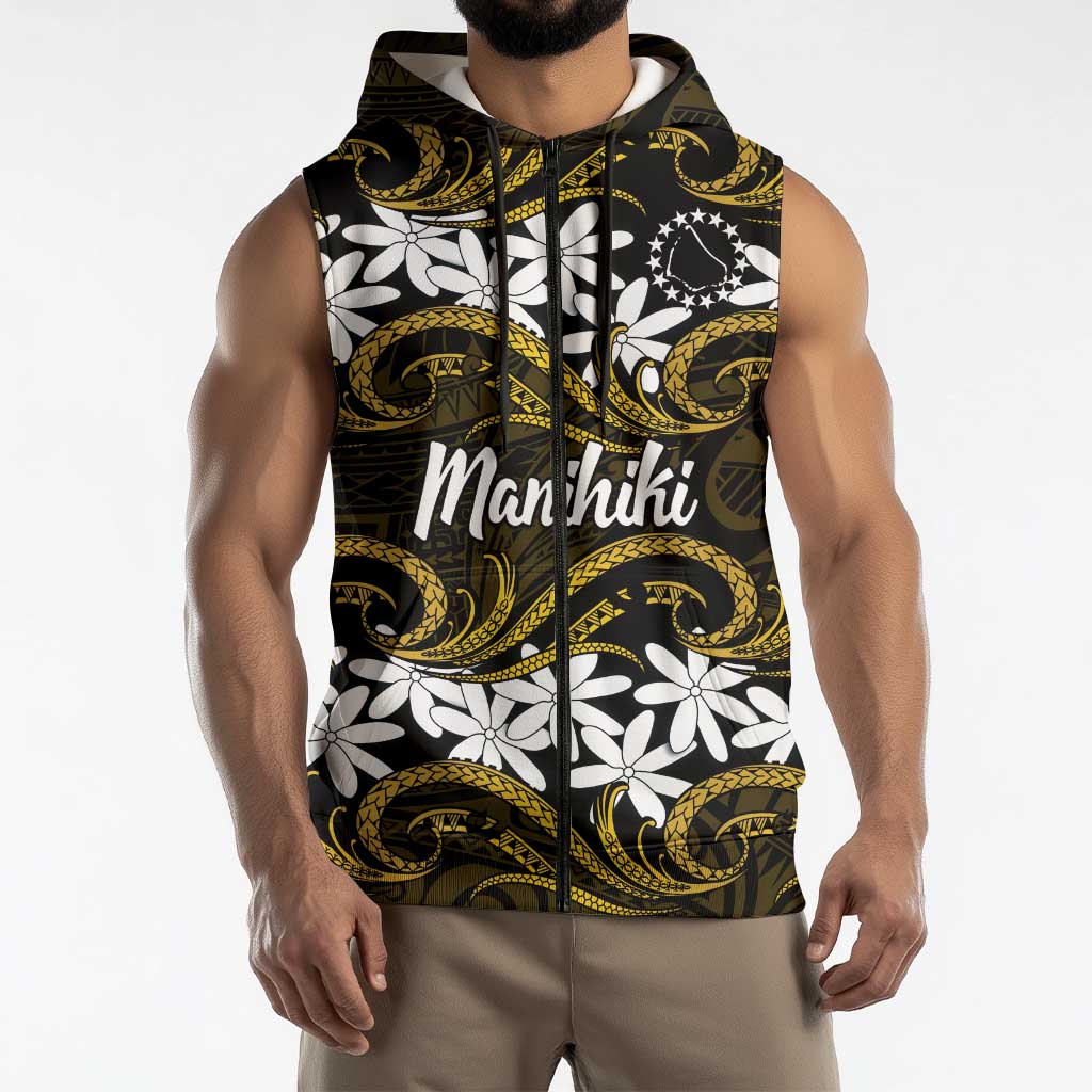 Personalised Cook Islands Manihiki Sleeveless Zip Hoodie Tiare Maori Polynesian Waves Tattoo