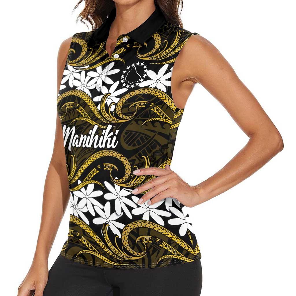 Personalised Cook Islands Manihiki Women Sleeveless Polo Shirt Tiare Maori Polynesian Waves Tattoo