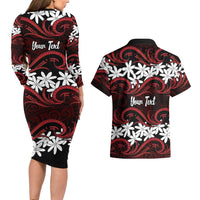 Personalised Cook Islands Atiu Enuamanu Couples Matching Long Sleeve Bodycon Dress and Hawaiian Shirt Tiare Maori Polynesian Waves Tattoo LT14 - Polynesian Pride