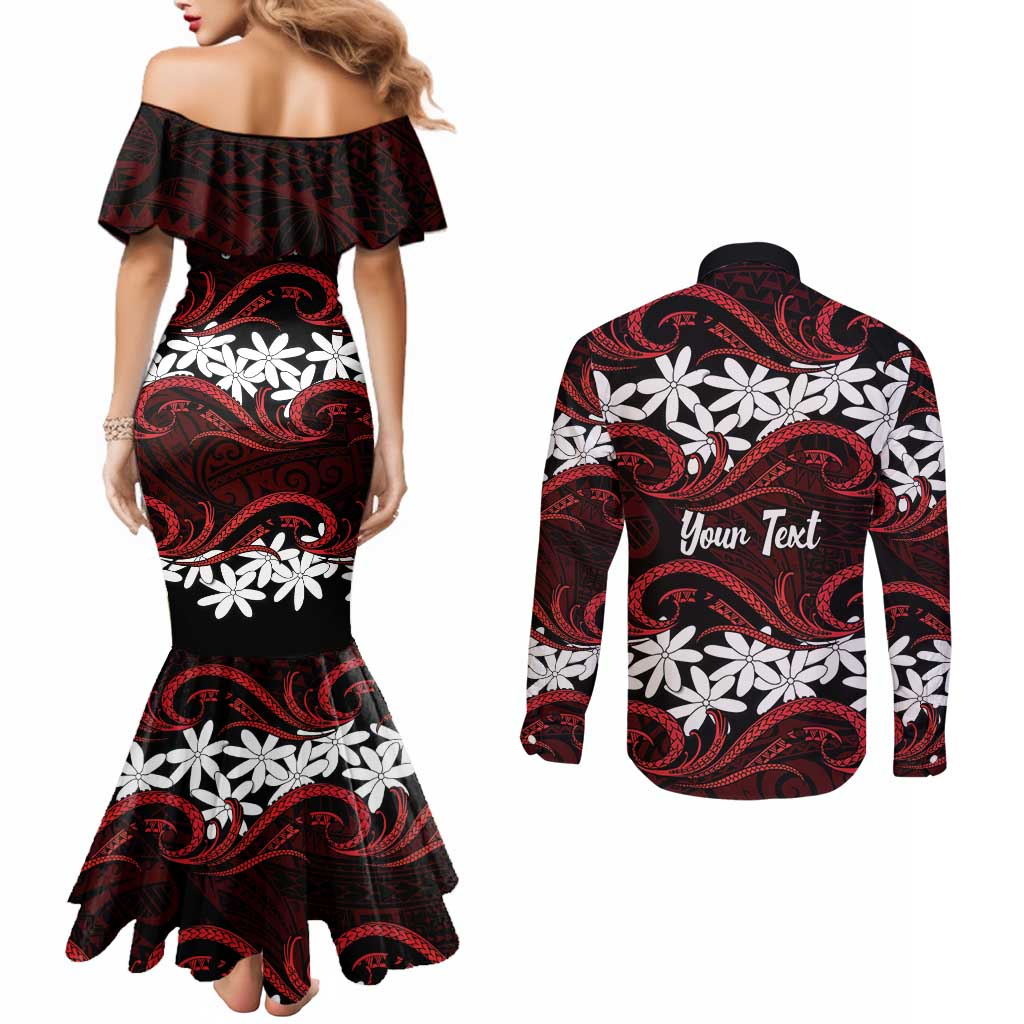 Personalised Cook Islands Atiu Enuamanu Couples Matching Mermaid Dress and Long Sleeve Button Shirt Tiare Maori Polynesian Waves Tattoo LT14 - Polynesian Pride