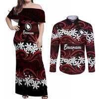 Personalised Cook Islands Atiu Enuamanu Couples Matching Off Shoulder Maxi Dress and Long Sleeve Button Shirt Tiare Maori Polynesian Waves Tattoo