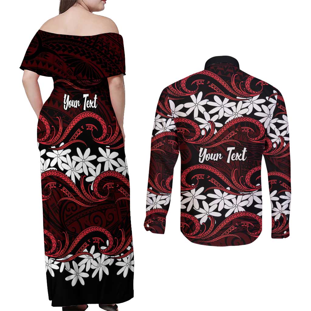 Personalised Cook Islands Atiu Enuamanu Couples Matching Off Shoulder Maxi Dress and Long Sleeve Button Shirt Tiare Maori Polynesian Waves Tattoo