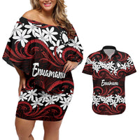 Personalised Cook Islands Atiu Enuamanu Couples Matching Off Shoulder Short Dress and Hawaiian Shirt Tiare Maori Polynesian Waves Tattoo LT14 Red - Polynesian Pride