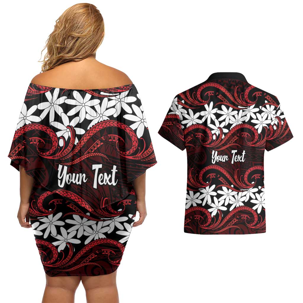 Personalised Cook Islands Atiu Enuamanu Couples Matching Off Shoulder Short Dress and Hawaiian Shirt Tiare Maori Polynesian Waves Tattoo LT14 - Polynesian Pride
