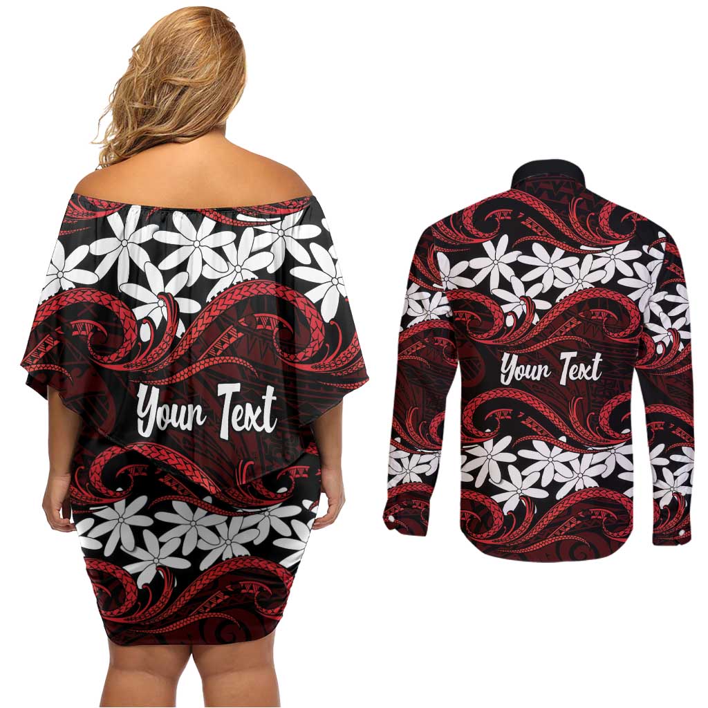Personalised Cook Islands Atiu Enuamanu Couples Matching Off Shoulder Short Dress and Long Sleeve Button Shirt Tiare Maori Polynesian Waves Tattoo LT14 - Polynesian Pride