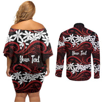 Personalised Cook Islands Atiu Enuamanu Couples Matching Off Shoulder Short Dress and Long Sleeve Button Shirt Tiare Maori Polynesian Waves Tattoo LT14 - Polynesian Pride