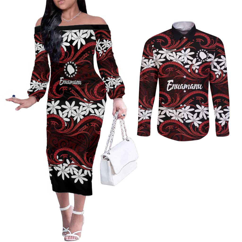 Personalised Cook Islands Atiu Enuamanu Couples Matching Off The Shoulder Long Sleeve Dress and Long Sleeve Button Shirt Tiare Maori Polynesian Waves Tattoo LT14 Red - Polynesian Pride