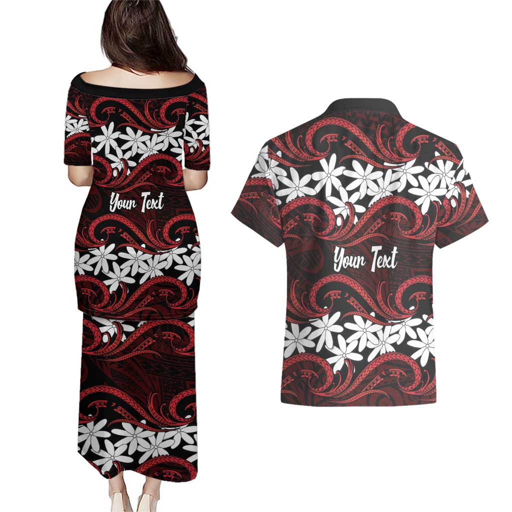 Personalised Cook Islands Atiu Enuamanu Couples Matching Puletasi and Hawaiian Shirt Tiare Maori Polynesian Waves Tattoo LT14 - Polynesian Pride