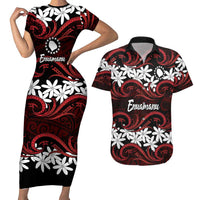 Personalised Cook Islands Atiu Enuamanu Couples Matching Short Sleeve Bodycon Dress and Hawaiian Shirt Tiare Maori Polynesian Waves Tattoo LT14 Red - Polynesian Pride