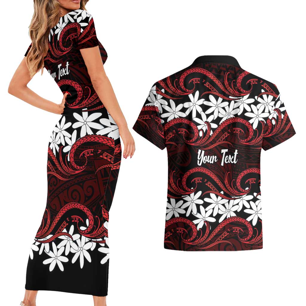 Personalised Cook Islands Atiu Enuamanu Couples Matching Short Sleeve Bodycon Dress and Hawaiian Shirt Tiare Maori Polynesian Waves Tattoo LT14 - Polynesian Pride