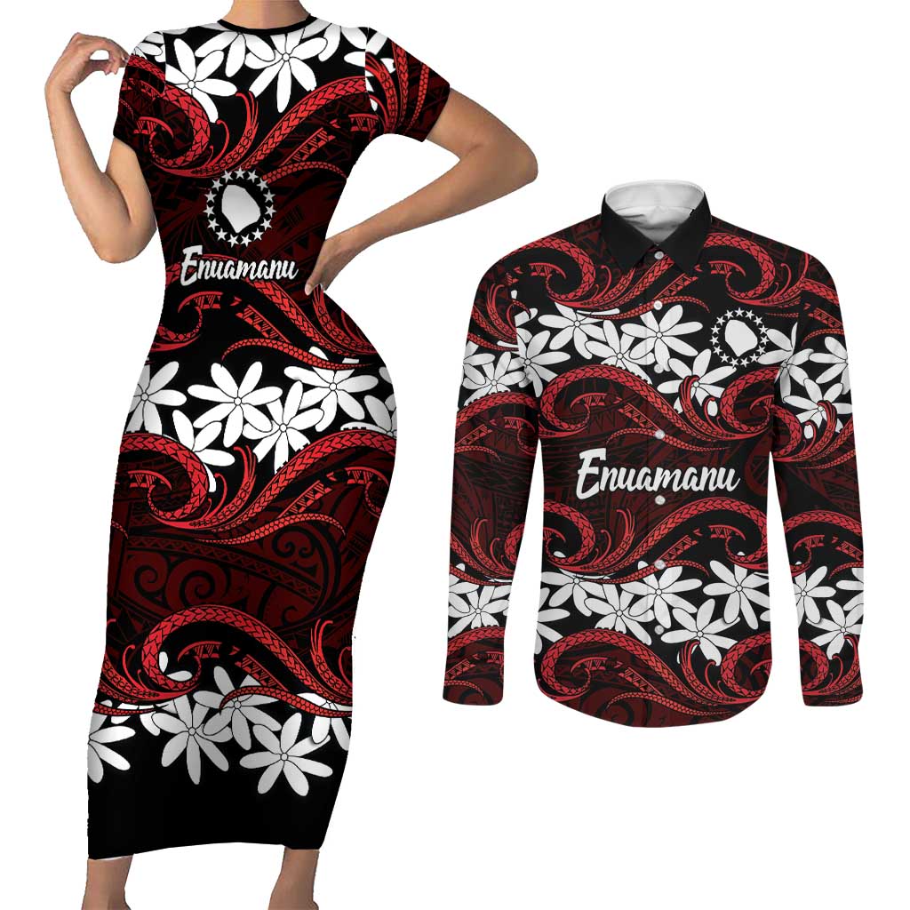Personalised Cook Islands Atiu Enuamanu Couples Matching Short Sleeve Bodycon Dress and Long Sleeve Button Shirt Tiare Maori Polynesian Waves Tattoo