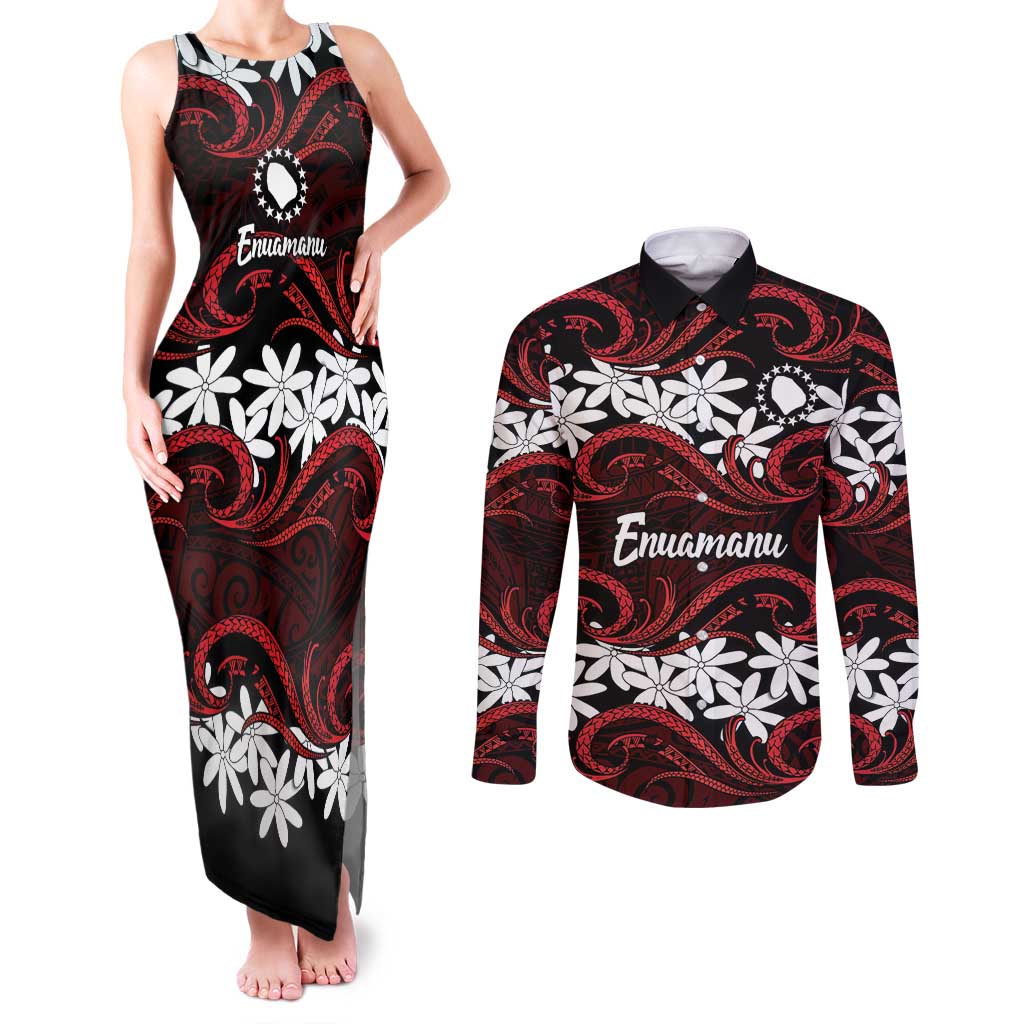 Personalised Cook Islands Atiu Enuamanu Couples Matching Tank Maxi Dress and Long Sleeve Button Shirt Tiare Maori Polynesian Waves Tattoo LT14 Red - Polynesian Pride
