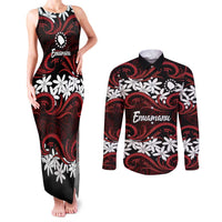 Personalised Cook Islands Atiu Enuamanu Couples Matching Tank Maxi Dress and Long Sleeve Button Shirt Tiare Maori Polynesian Waves Tattoo LT14 Red - Polynesian Pride