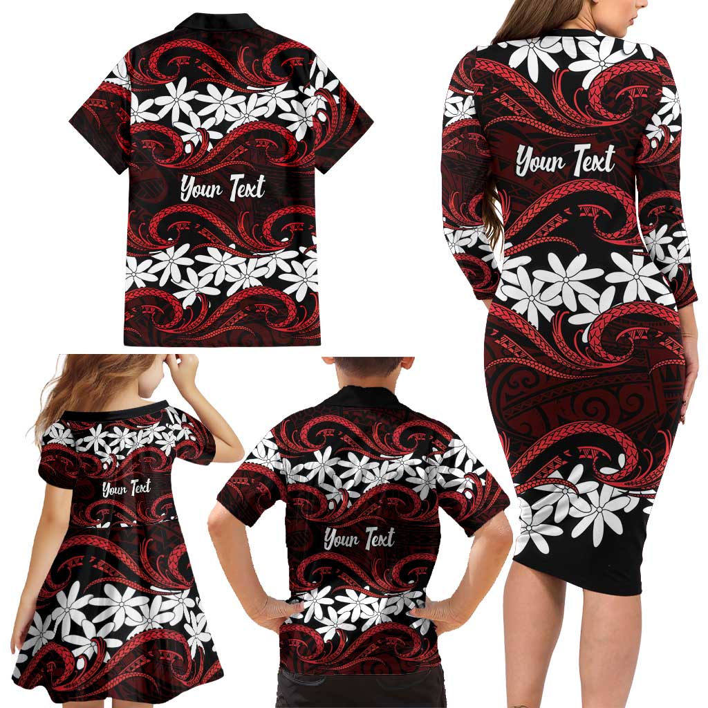 Personalised Cook Islands Atiu Enuamanu Family Matching Long Sleeve Bodycon Dress and Hawaiian Shirt Tiare Maori Polynesian Waves Tattoo LT14 - Polynesian Pride