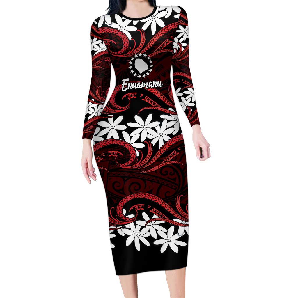 Personalised Cook Islands Atiu Enuamanu Family Matching Long Sleeve Bodycon Dress and Hawaiian Shirt Tiare Maori Polynesian Waves Tattoo LT14 Mom's Dress Red - Polynesian Pride
