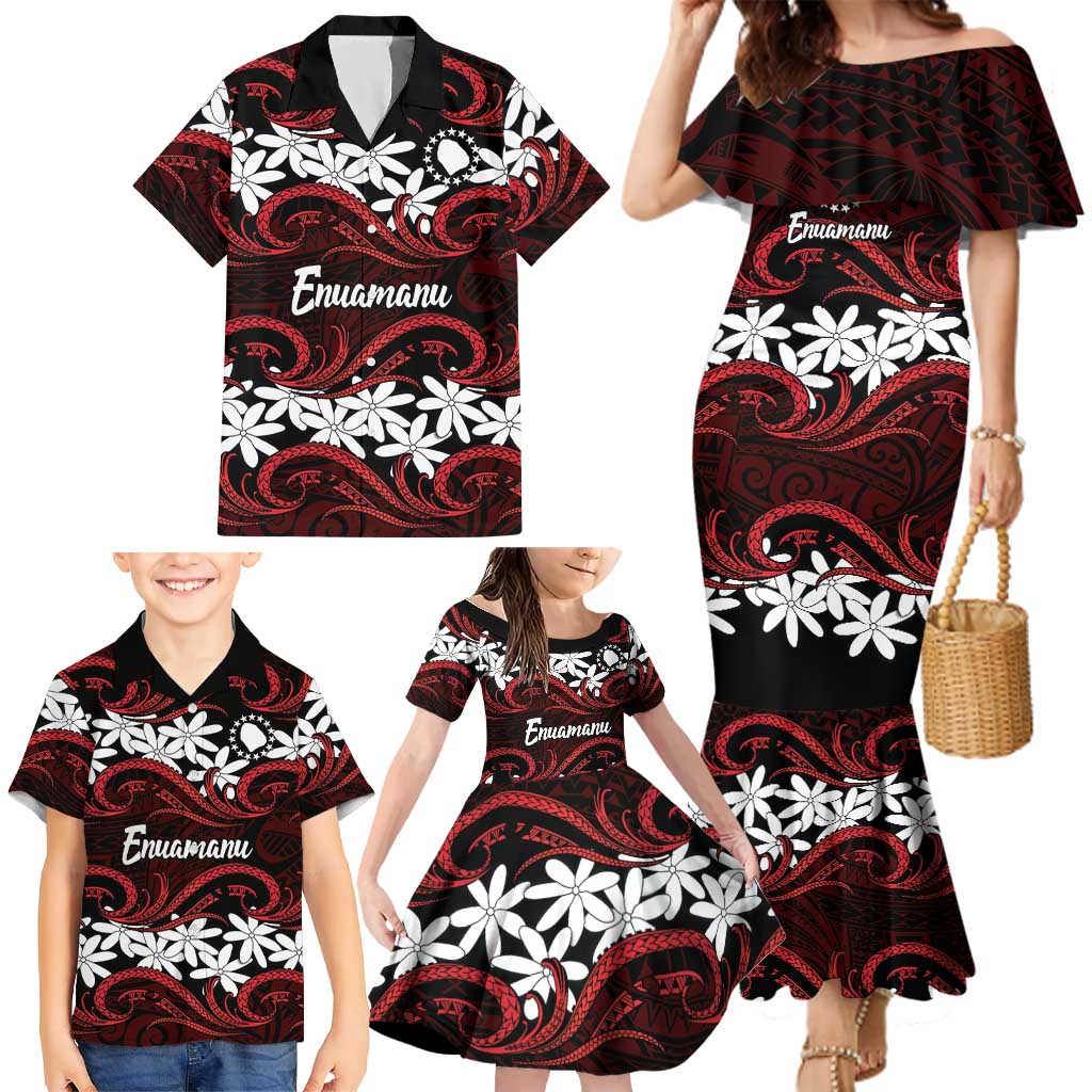 Personalised Cook Islands Atiu Enuamanu Family Matching Mermaid Dress and Hawaiian Shirt Tiare Maori Polynesian Waves Tattoo