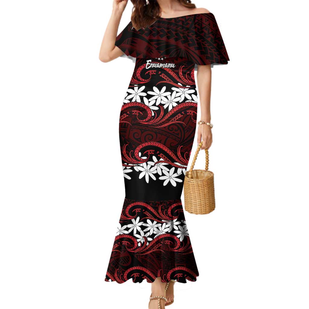 Personalised Cook Islands Atiu Enuamanu Family Matching Mermaid Dress and Hawaiian Shirt Tiare Maori Polynesian Waves Tattoo LT14 Mom's Dress Red - Polynesian Pride
