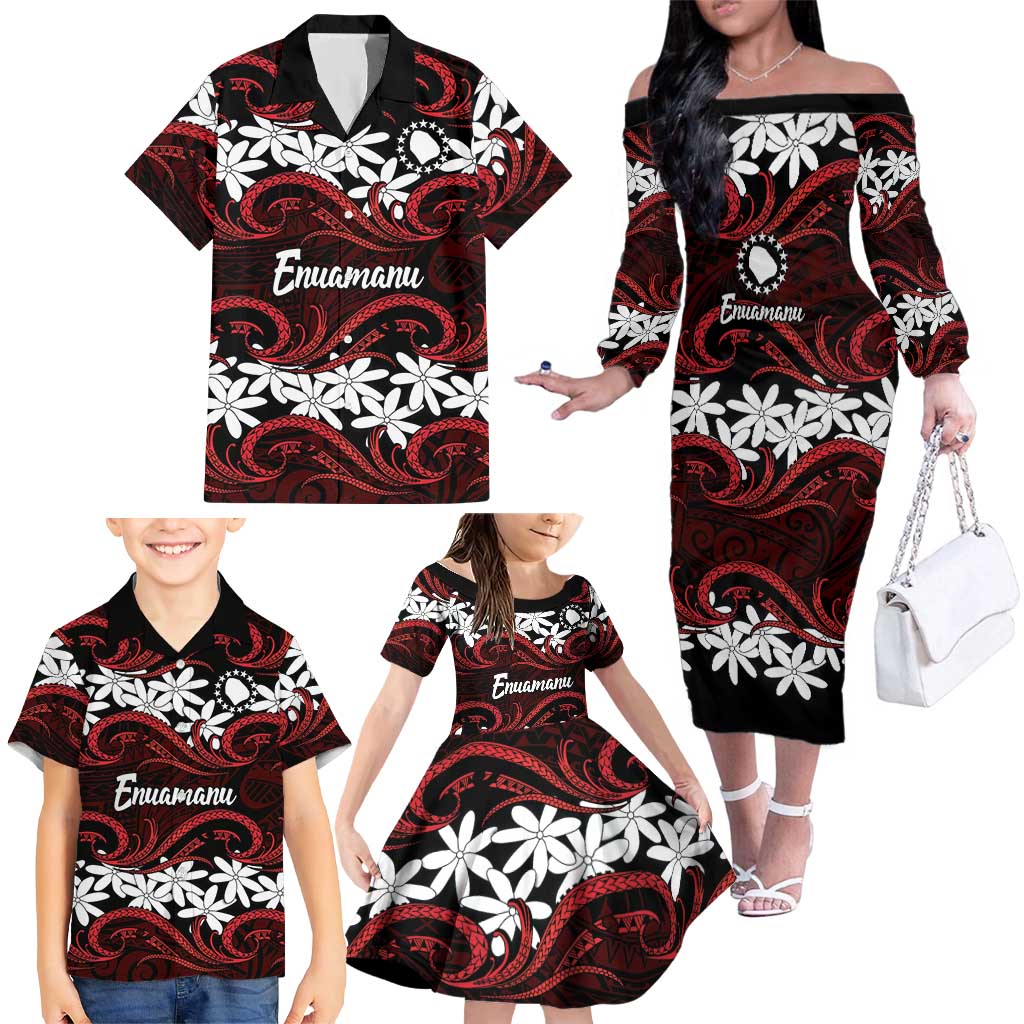 Personalised Cook Islands Atiu Enuamanu Family Matching Off The Shoulder Long Sleeve Dress and Hawaiian Shirt Tiare Maori Polynesian Waves Tattoo LT14 - Polynesian Pride