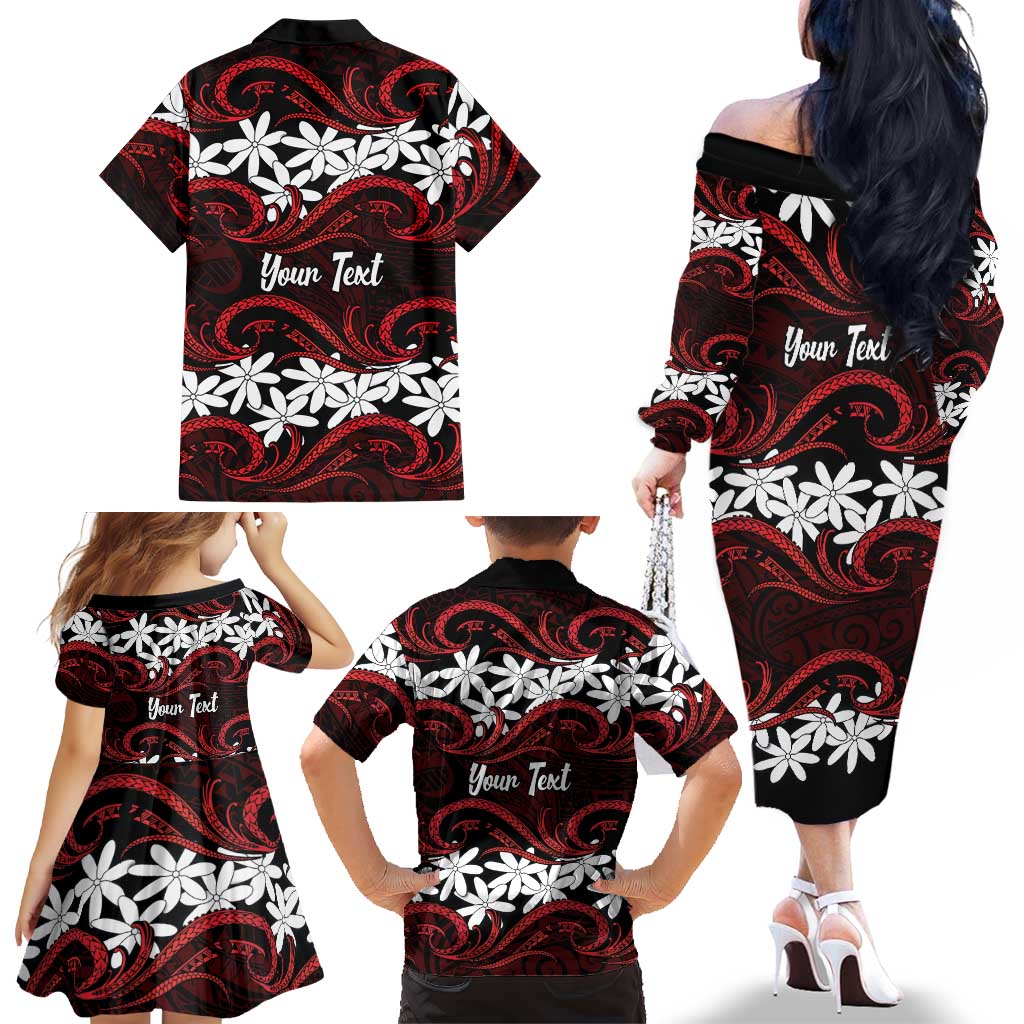 Personalised Cook Islands Atiu Enuamanu Family Matching Off The Shoulder Long Sleeve Dress and Hawaiian Shirt Tiare Maori Polynesian Waves Tattoo LT14 - Polynesian Pride