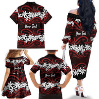 Personalised Cook Islands Atiu Enuamanu Family Matching Off The Shoulder Long Sleeve Dress and Hawaiian Shirt Tiare Maori Polynesian Waves Tattoo LT14 - Polynesian Pride