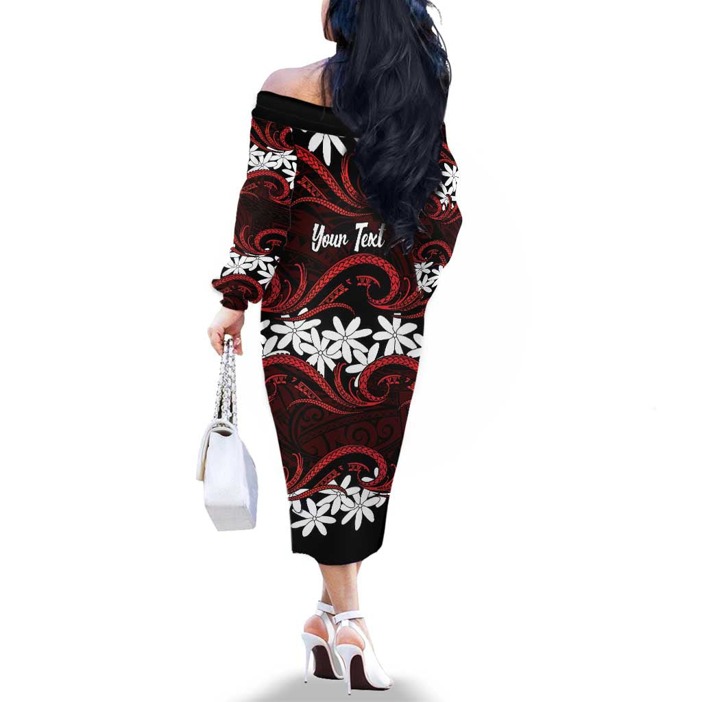 Personalised Cook Islands Atiu Enuamanu Family Matching Off The Shoulder Long Sleeve Dress and Hawaiian Shirt Tiare Maori Polynesian Waves Tattoo LT14 - Polynesian Pride
