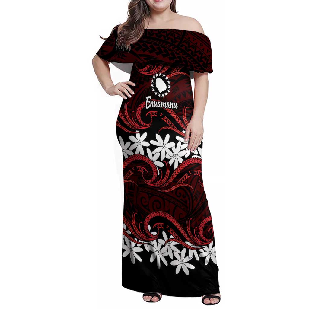 Personalised Cook Islands Atiu Enuamanu Family Matching Off Shoulder Maxi Dress and Hawaiian Shirt Tiare Maori Polynesian Waves Tattoo LT14 Mom's Dress Red - Polynesian Pride