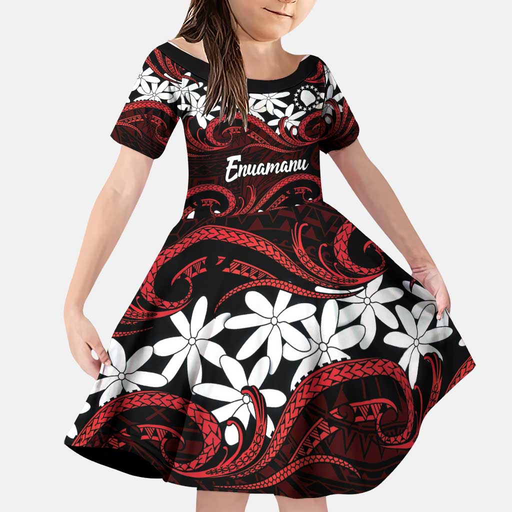 Personalised Cook Islands Atiu Enuamanu Family Matching Off Shoulder Short Dress and Hawaiian Shirt Tiare Maori Polynesian Waves Tattoo LT14 Daughter's Dress Red - Polynesian Pride