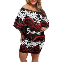 Personalised Cook Islands Atiu Enuamanu Family Matching Off Shoulder Short Dress and Hawaiian Shirt Tiare Maori Polynesian Waves Tattoo LT14 Mom's Dress Red - Polynesian Pride