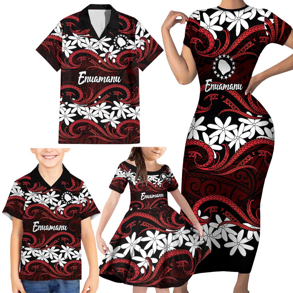 Personalised Cook Islands Atiu Enuamanu Family Matching Short Sleeve Bodycon Dress and Hawaiian Shirt Tiare Maori Polynesian Waves Tattoo