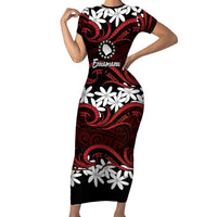 Personalised Cook Islands Atiu Enuamanu Family Matching Short Sleeve Bodycon Dress and Hawaiian Shirt Tiare Maori Polynesian Waves Tattoo LT14 Mom's Dress Red - Polynesian Pride