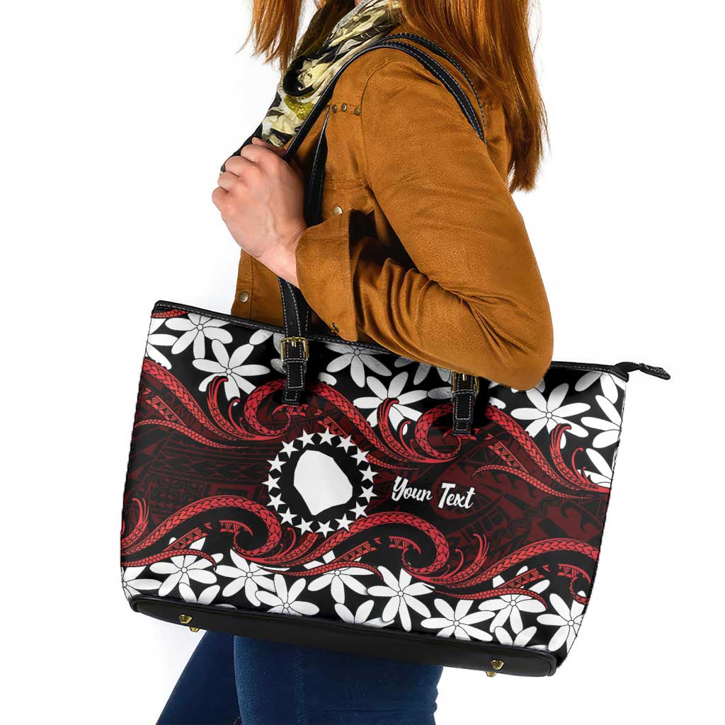 Personalised Cook Islands Atiu Enuamanu Leather Tote Bag Tiare Maori Polynesian Waves Tattoo
