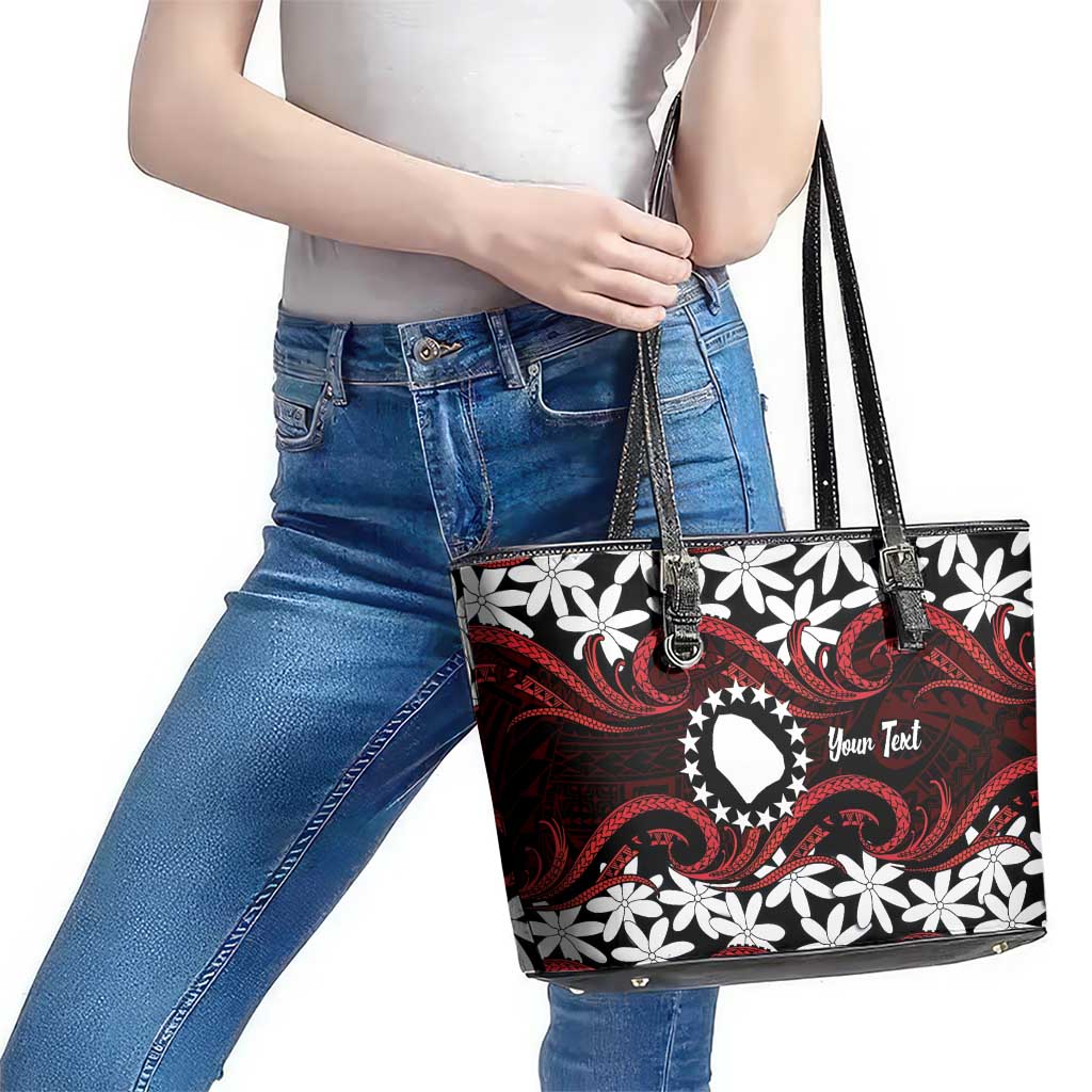 Personalised Cook Islands Atiu Enuamanu Leather Tote Bag Tiare Maori Polynesian Waves Tattoo